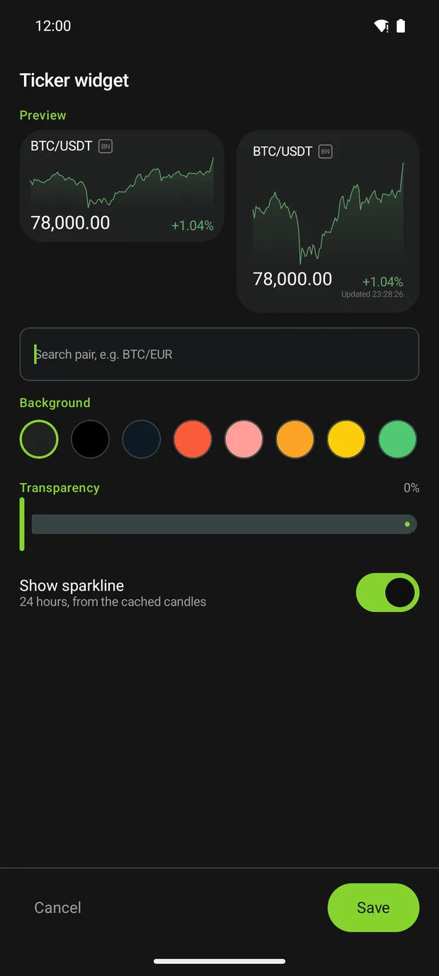 Widget configuration screen with background colour swatches
